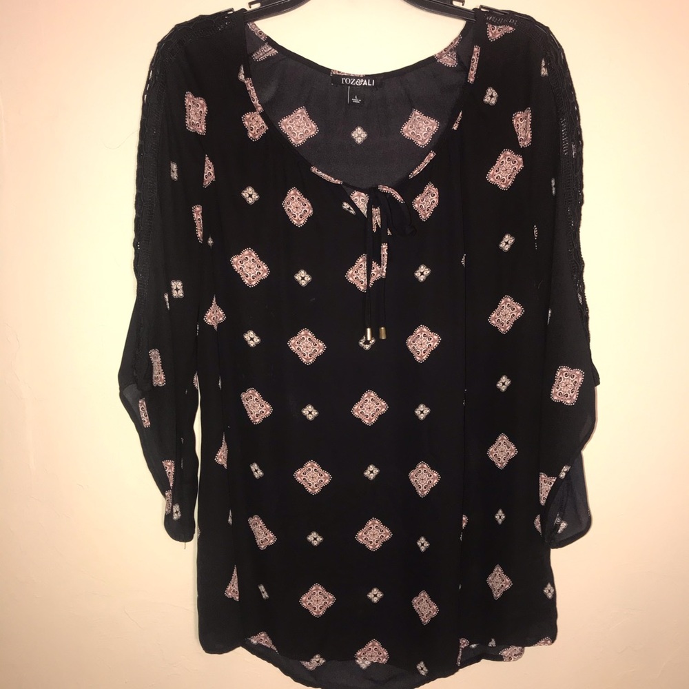 Navy Blue, Flowy Top, detailed lace-like sleeve
